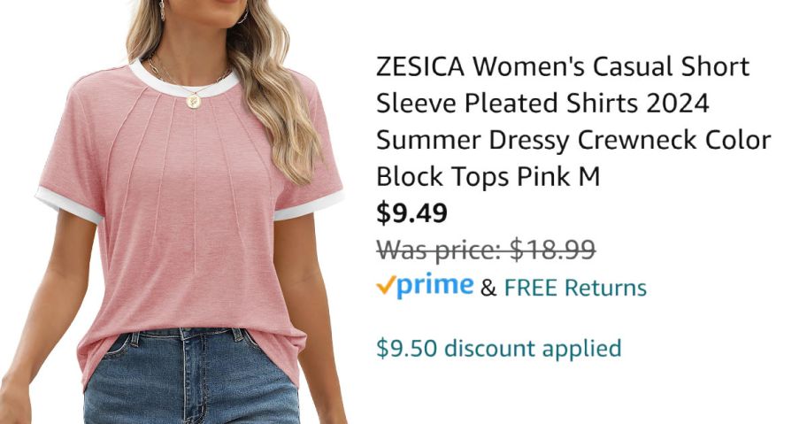 woman wearing pink shirt next to Amazon pricing information