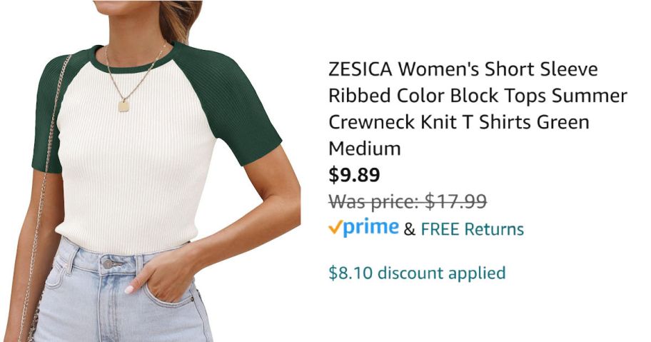 woman wearing green raglan shirt next to Amazon pricing information