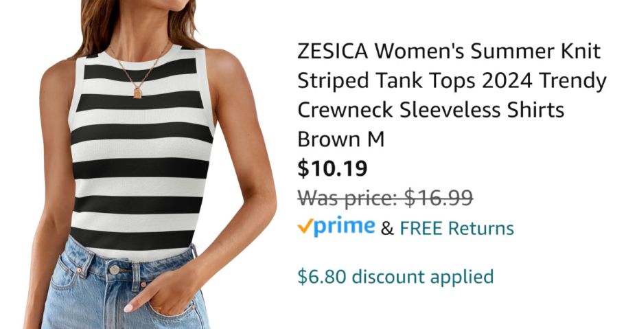 woman wearing striped tank top next to Amazon pricing information
