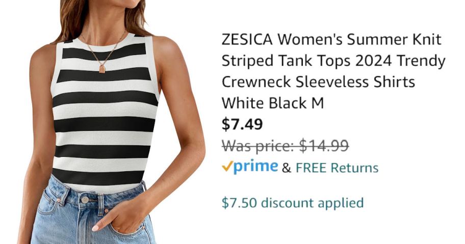 woman wearing striped tank top next to Amazon pricing information