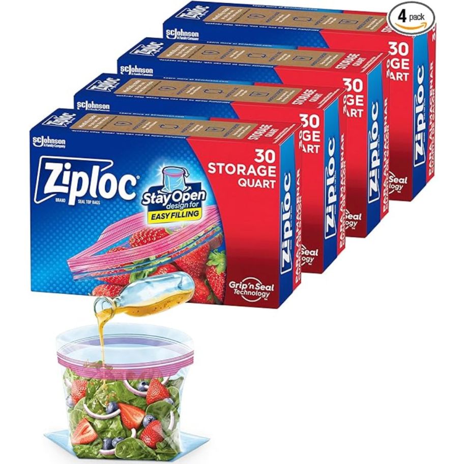 4 boxes of quart sized ziploc storage bags on a white background
