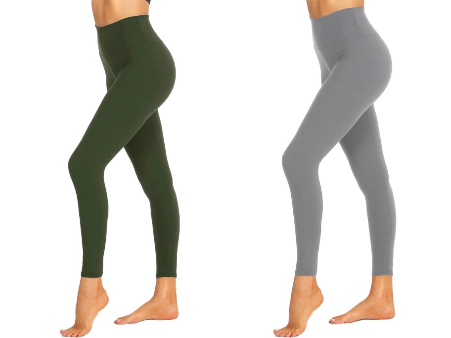 women wearing green and gray leggings