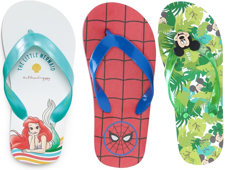 kid's Little Mermaid, Spiderman, and Mickey Mouse Flip flops