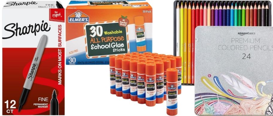 multipacks of sharpies, gluesticks and colored pencils