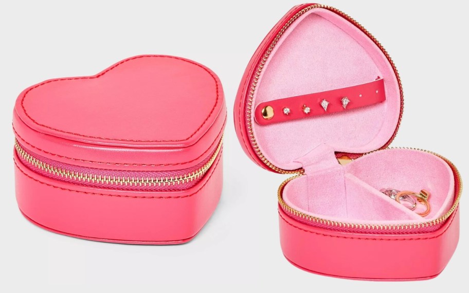 pink heart shaped jewelry organizer case shown closed and open