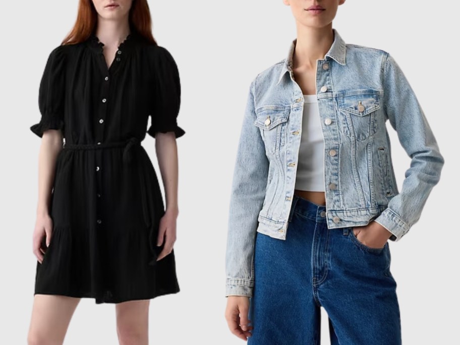 woman wearing a short sleeve button down black dress and woman wearing a light blue denim jacket and jeans