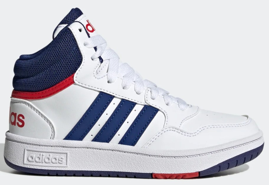 kid's adidas high top shoes in white with blue and red accents