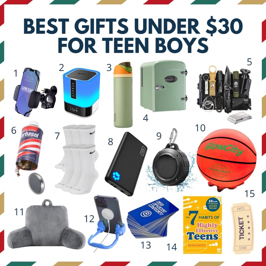 collage graphic of best gifts under $30 for teen boys