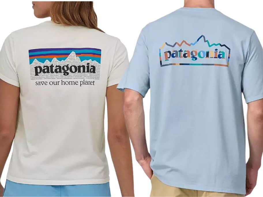 woman's back showing the back logo of a white Patagonia t-shirt and man's back showing a blue t-shirt with the Patagonia logo