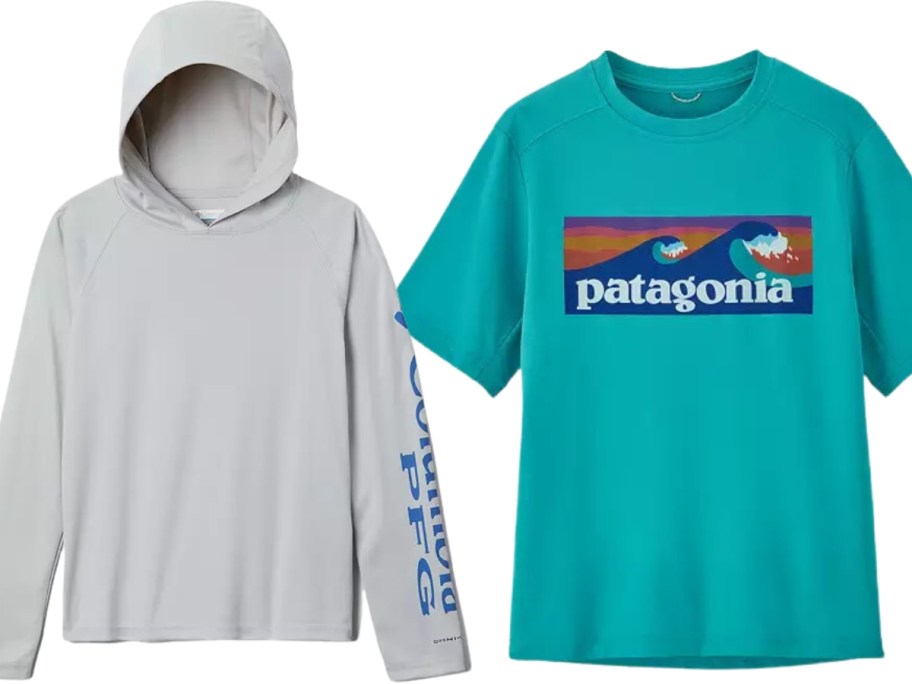 kid's white and blue Columbia hoodie and kid's teal green Patagonia t-shirt