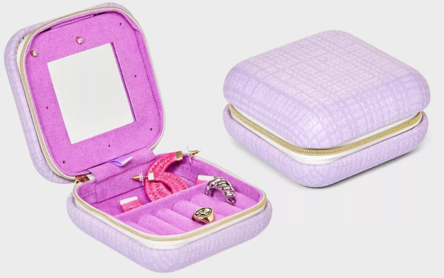 purple square zipper jewelry case shown open and closed