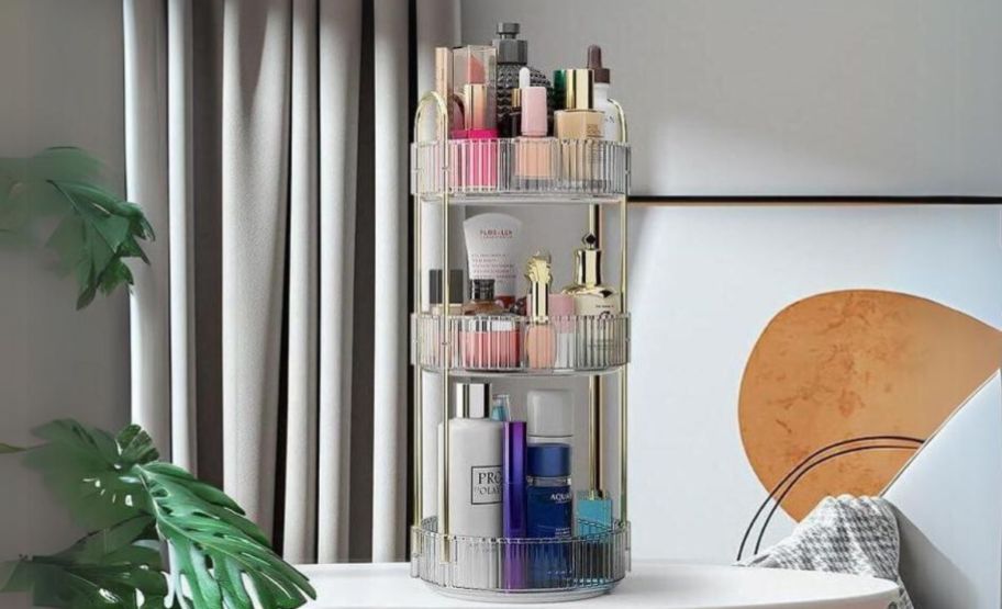 a 3 tier rotating makeup organized on a tabletop