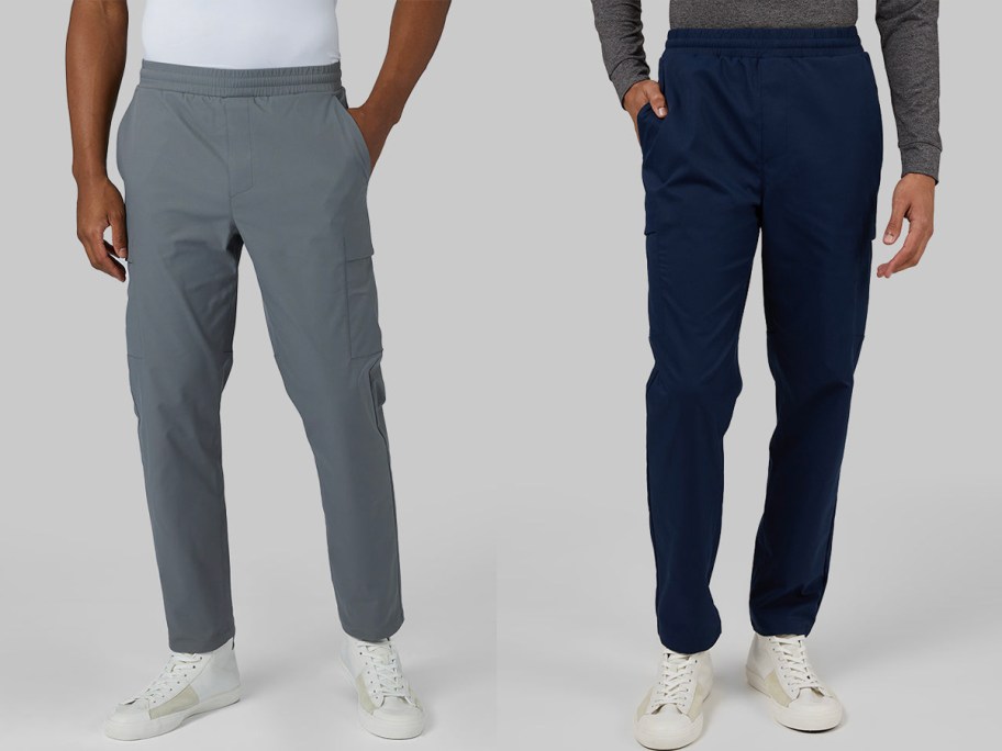 two men wearing gray and navy blue cargo pants