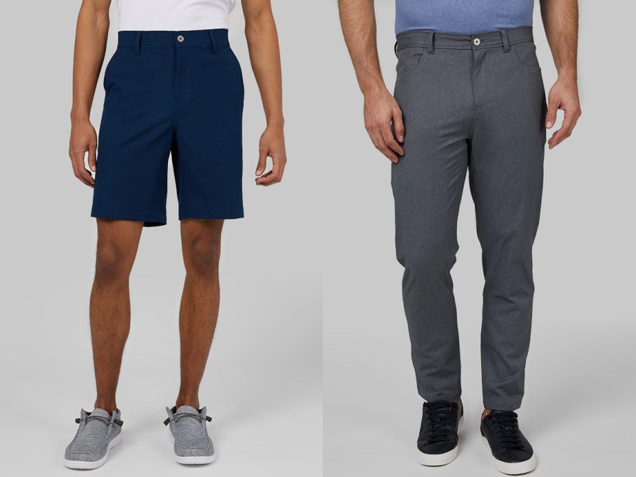 men wearing navy blue shorts and gray pants