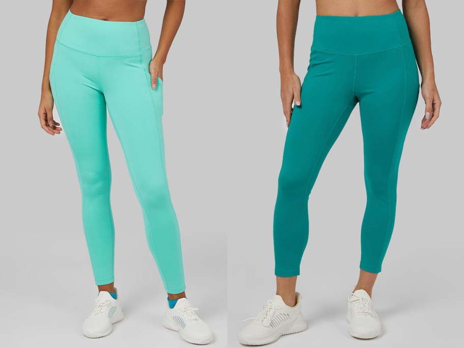 two women wearing teal and green leggings 