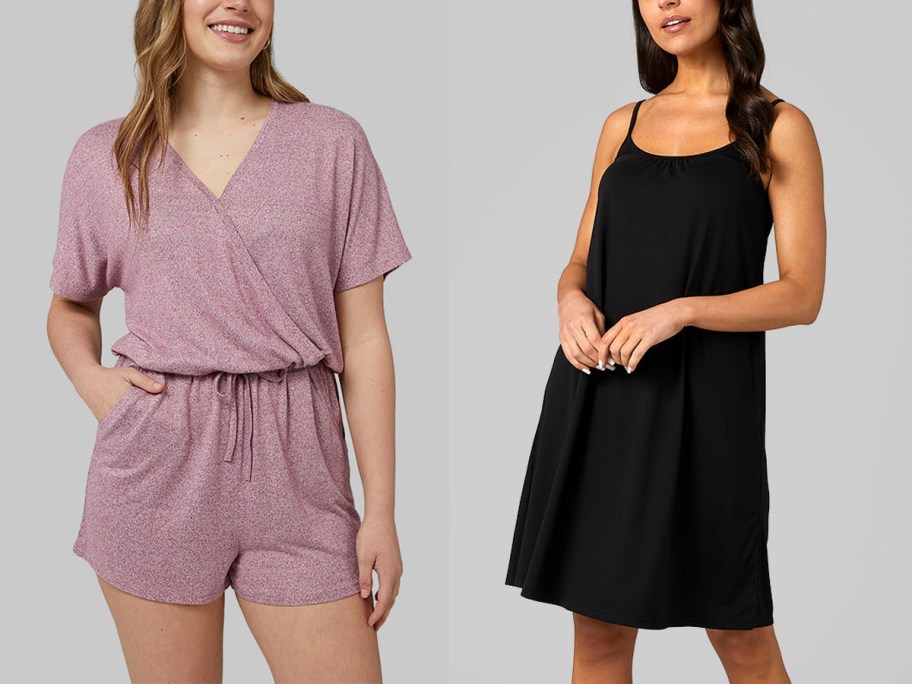 women wearing pink romper and black dress