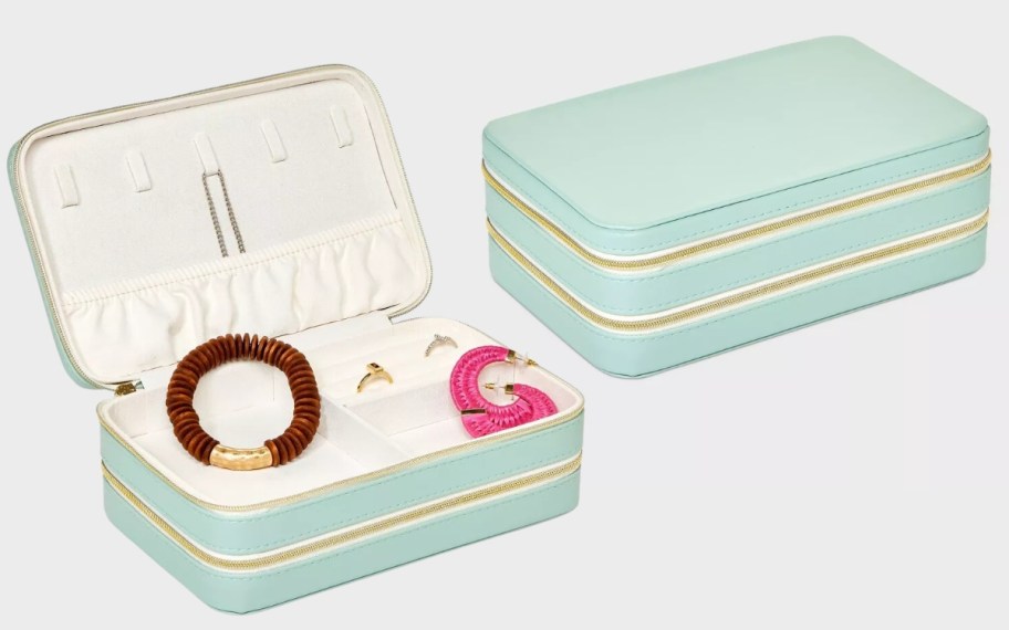 mint green double layer jewelry case shown open and closed