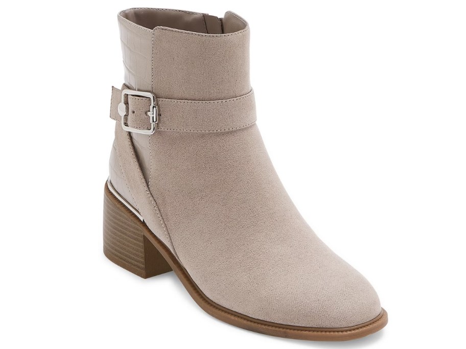 women's light tan stacked heel above ankle boot