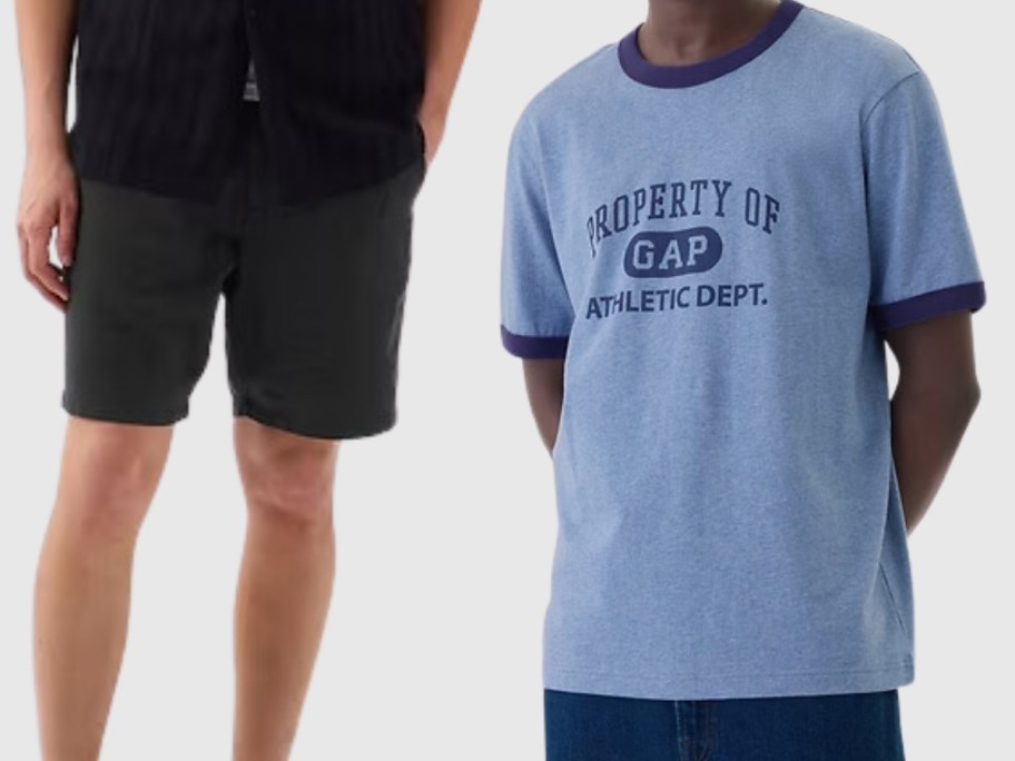 man wearing black cargo shorts and man wearing a blue Gap logo tshirt
