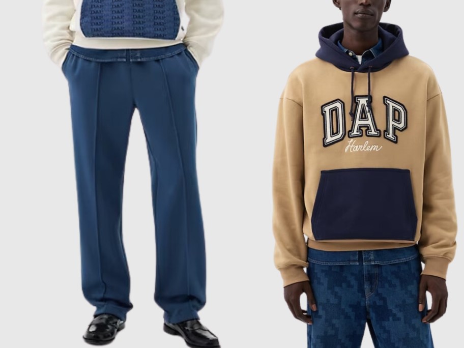 man wearing blue joggers and man wearing a tan and blue Gap Dap hoodie