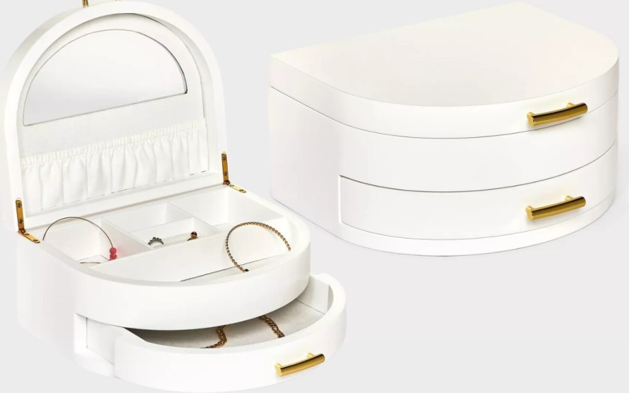 white crescent shaped jewelry box organizer with 2 drawers with gold handles shown open and closed