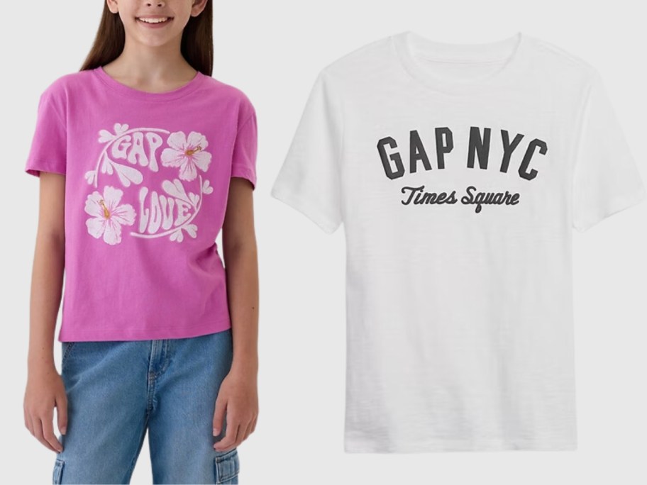 girl wearing a pink Gap tshirt, white Gap NYC t-shirt next to her