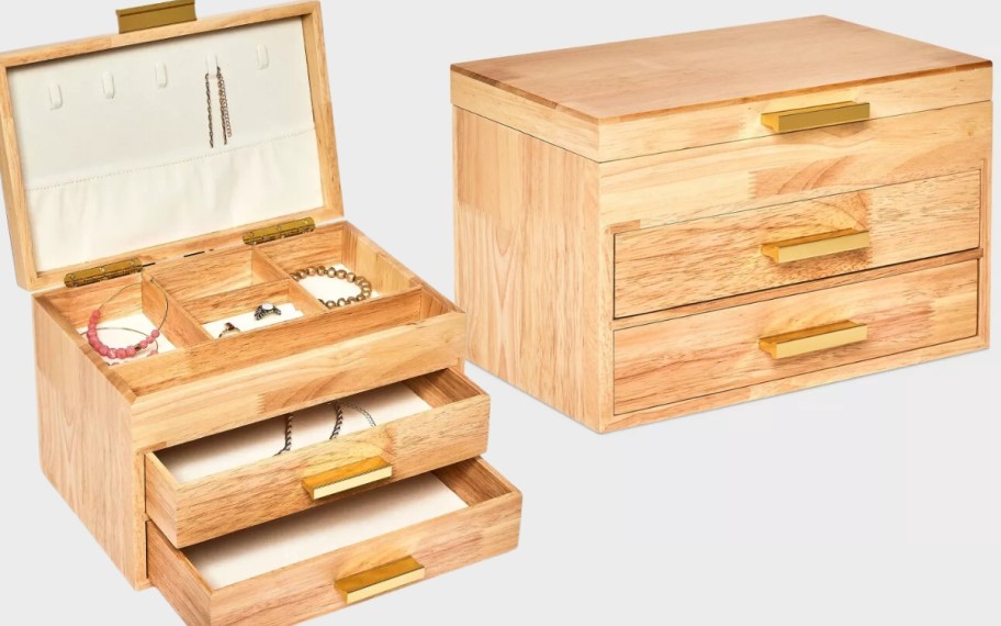 3-drawer wood jewelry organizer box with gold handles shown closed and open