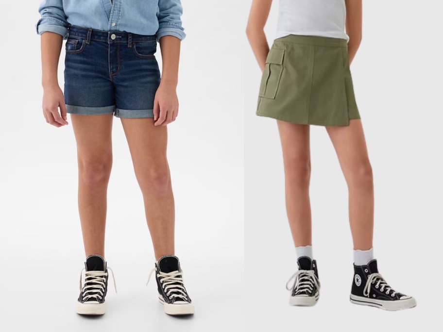 girl wearing jean shorts and girl wearing an olive green skort