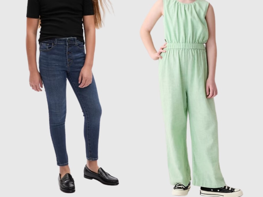 girl wearing jeggings and girl wearing a green jumpsuit