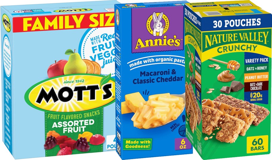 boxes of Mott's Fruit Snacks, Annie's Mac & Cheese, and Nature Valley bars