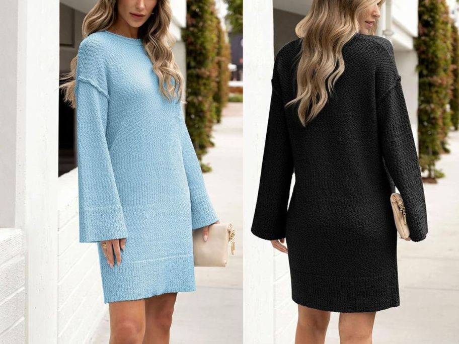 2 women wearing sweater dresses