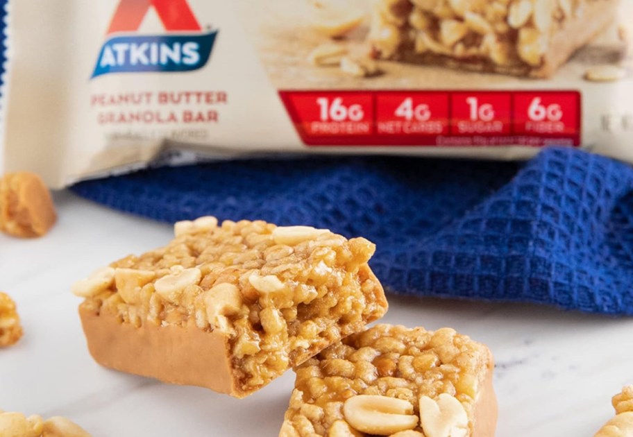 Atkins bar displayed with packaging and bar