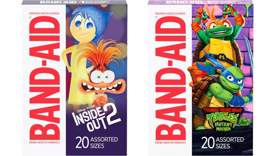 two boxes of Band-Aid Bandages in Inside Out and TMNT prints