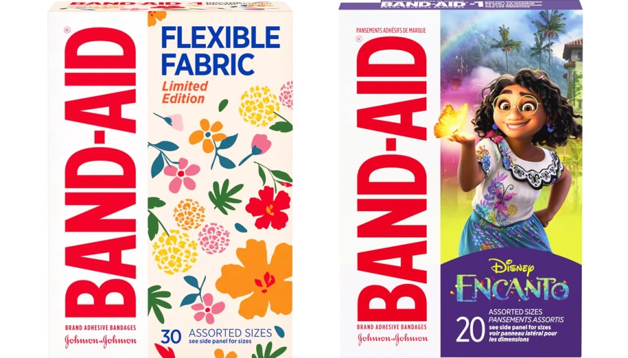 two boxes of Band-Aid Bandages in Wildflowers and Disney Encanto prints