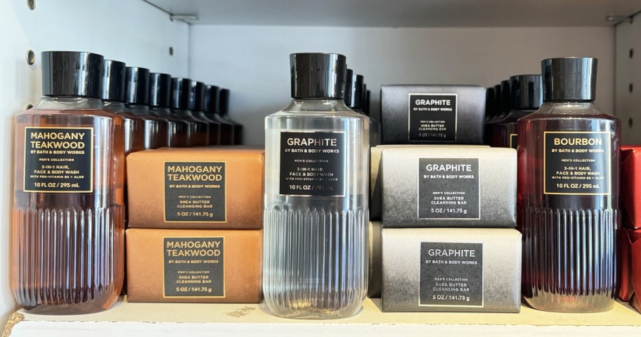 Mens personal care bottles and bar soaps at bath & body works