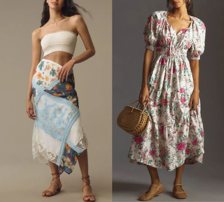 a woman in a long patchwork maxi skirt and a woman in a floral print puff sleeve dress