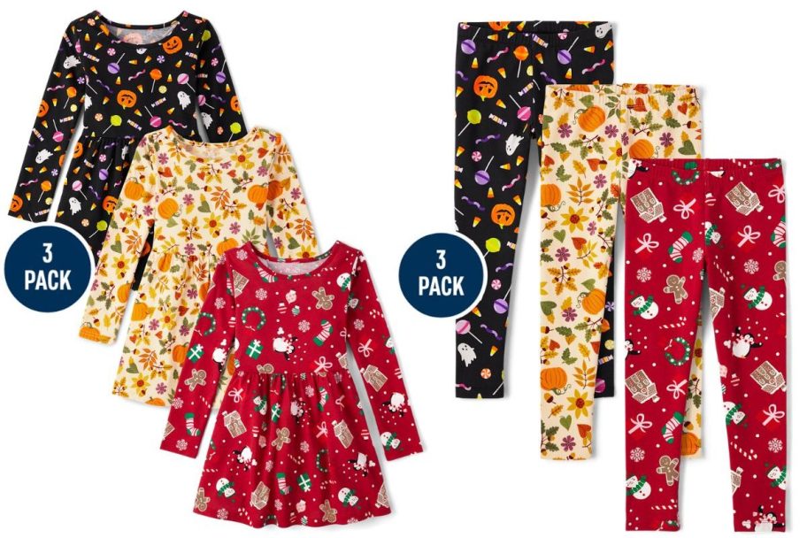 Childrens place holiday dresses and leggings in red, yellow and black