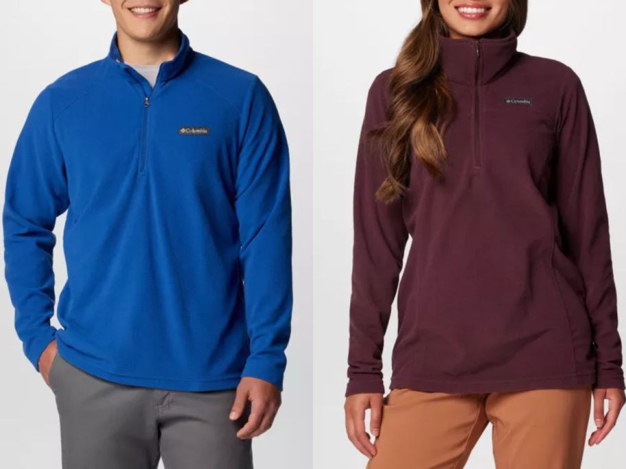 Man and woman wearing Columbia fleece jackets