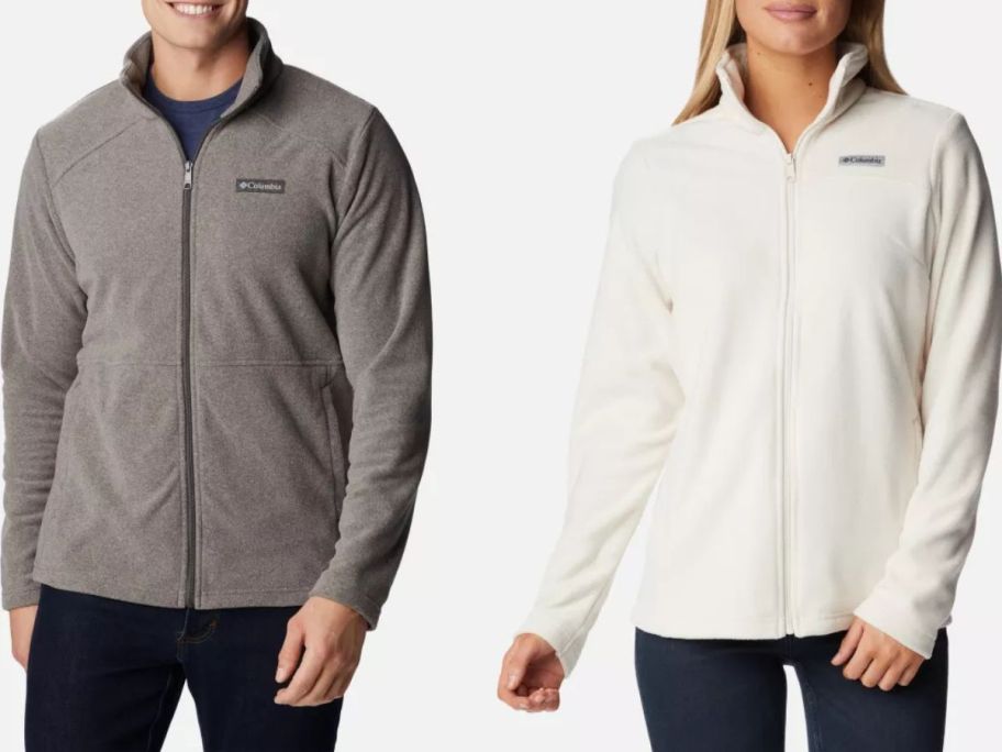 Stock images of a man and a woman wearing Columbia fleece jackets