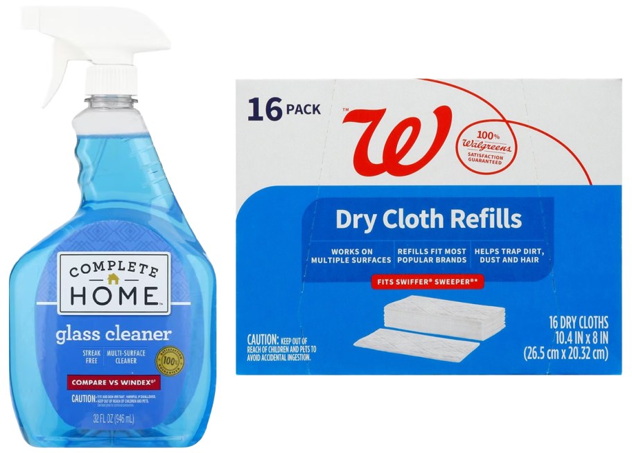 Complete-Home-Glass-Cleaner-and-Walgreens-Dry-Cloth-Refills منتجات التنظيف Walgreens فقط 1.99 دولارًا لكل منها (4 دولارات بانتظام)