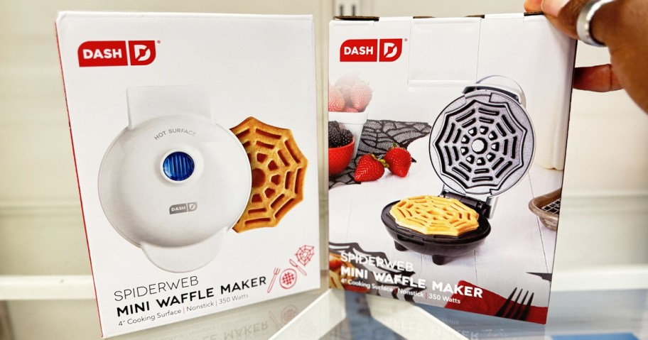 showing front and back of the box for the Dash Spider Web Mini Waffle Maker 