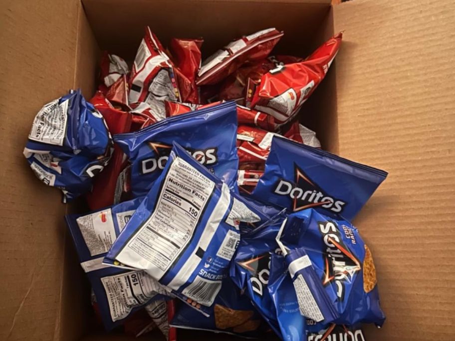 A box filled with Cool Ranch and Nacho Cheese snack-sized Doritos 