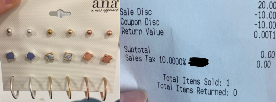 Earrings and Receipt from Happy Friday reader showing how she didn't pay a dime