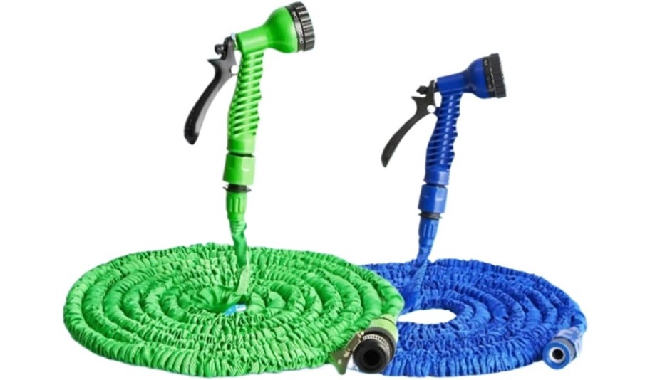 green and blue expandable garden hoses