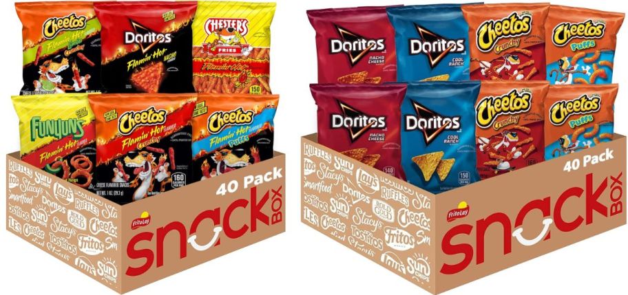 two 40 count frito lay variety snack packs with chips and popcorn