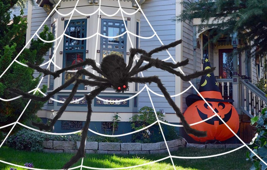 Giant Spider outside a front house - one of our favorite Amazon Halloween Finds