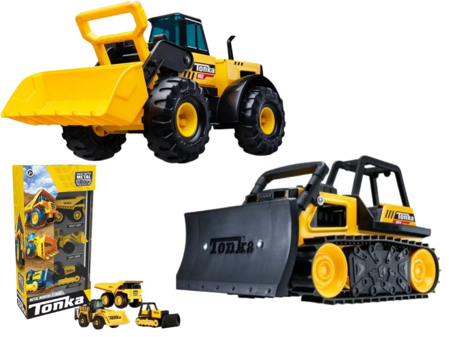 two larget Tonka trucks and a set of 3 smaller Tonka Trucks