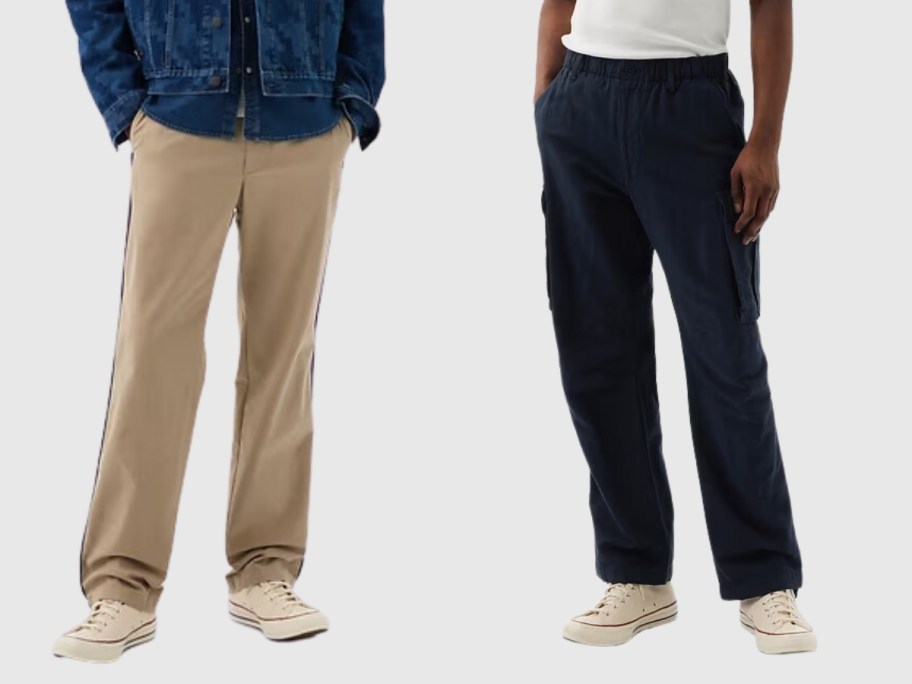 man wearing khaki pants and man wearing navy cargo pants