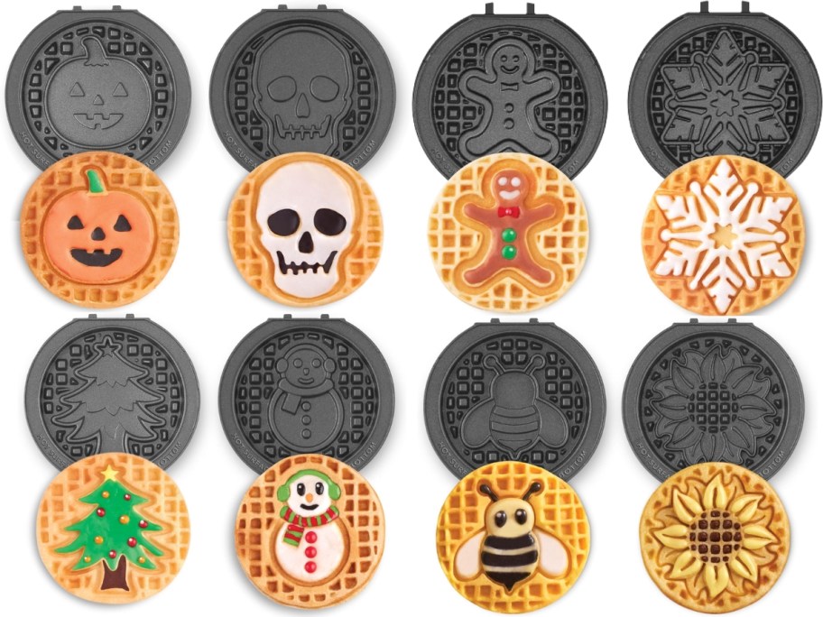 sets of holiday Dash mini waffle maker plates with waffles