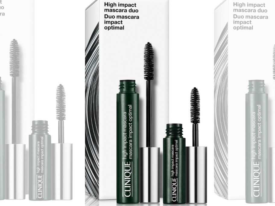 Clinique High Impact Mascara full-size and travel-size with box they come in behind them